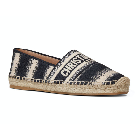 Dior Granville D Stripes Cotton Blue White Logo Embroidered Espadrille Flat 39 - Picture 1 of 12